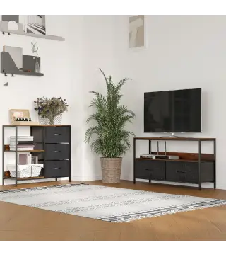 Mueble de TV, Mesa de TV con Estante y 2 Cajones de Tela Plegables, para Televisores hasta 47 Pulgadas, Largo de 98 cm,