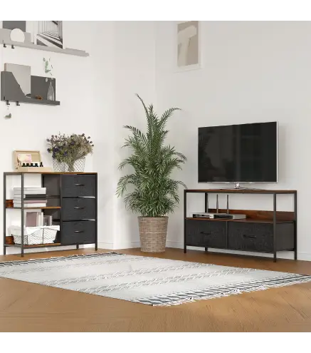 Mueble de TV, Mesa de TV con Estante y 2 Cajones de Tela Plegables, para Televisores hasta 47 Pulgadas, Largo de 98 cm, para Sal