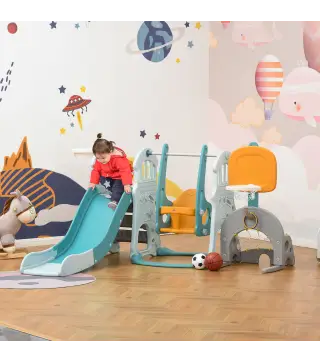 5 en 1 Tobogan y Columpio para Ninos +18 Meses con 2 Canastas de Baloncesto Porteria Futbol con Asiento Ajustable Parque
