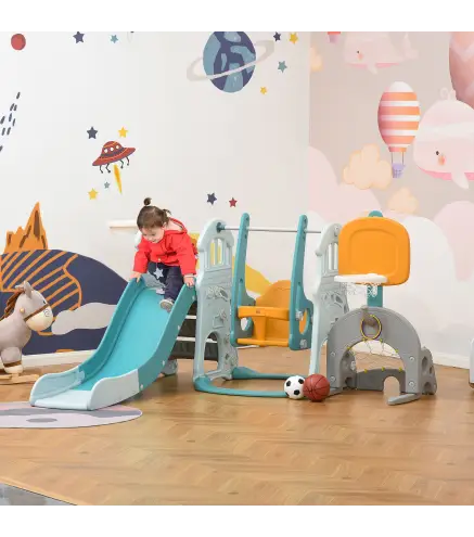 5 en 1 Tobogan y Columpio para Ninos +18 Meses con 2 Canastas de Baloncesto Porteria Futbol con Asiento Ajustable Parque