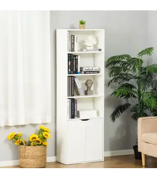 Estantería Librería Armario de Libros con 4 Compartimentos Abiertos y 2 Puertas para Salón Oficina 59x29x180 cm Blanco