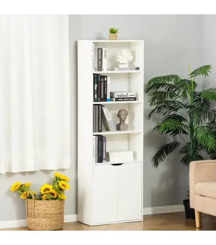 Estantería Librería Armario de Libros con 4 Compartimentos Abiertos y 2 Puertas para Salón Oficina 59x29x180 cm Blanco