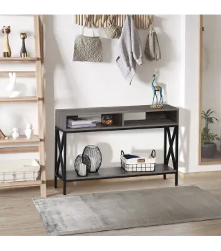 Mesa Consola Estilo Industrial Vintage con 3 Estantes y Marco Metálico para Entrada Pasillo 120x23,5x75 cm Gris y Negro