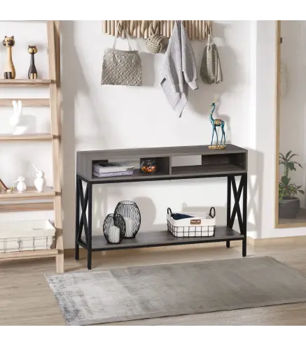 Mesa Consola Estilo Industrial Vintage con 3 Estantes y Marco Metálico para Entrada Pasillo 120x23,5x75 cm Gris y Negro