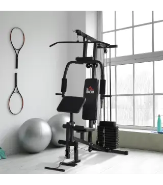 Multiestación Máquina de Musculación con Estribo para Piernas Poleas y Placas de Peso de 45 kg para Entrenamiento Fitness en Hog