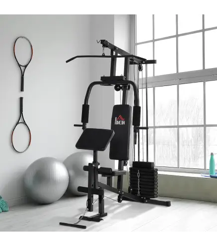 Multiestación Máquina de Musculación con Estribo para Piernas Poleas y Placas de Peso de 45 kg para Entrenamiento Fitness en Hog