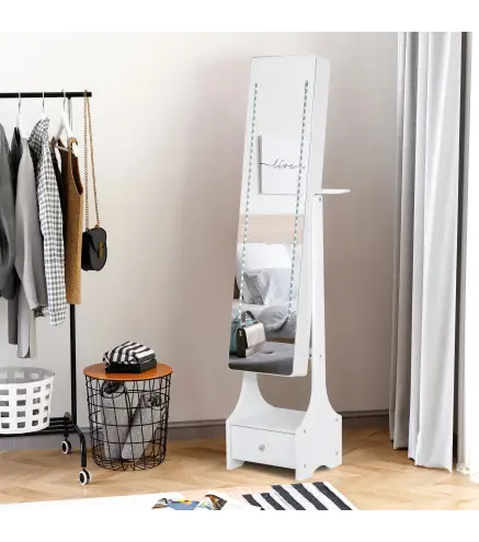Armario para Joyas con Espejo de Cuerpo Entero Ángulo Ajustable con Cajón y Colgador para Secador 37x30x158 cm Blanco