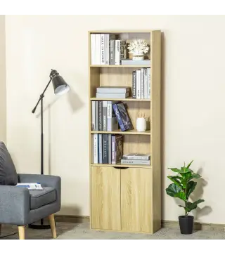 Estantería Librería Armario de Libros con 4 Compartimentos Abiertos y 2 Puertas para Salón Oficina 59x29x180 cm Natural