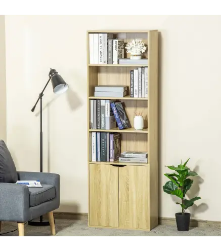Estantería Librería Armario de Libros con 4 Compartimentos Abiertos y 2 Puertas para Salón Oficina 59x29x180 cm Natural