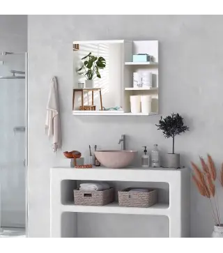 Armario con Espejo para Baño con 3 Estantes Abiertos y 1 Estante Interior Estilo Moderno 60x18x50 cm Blanco