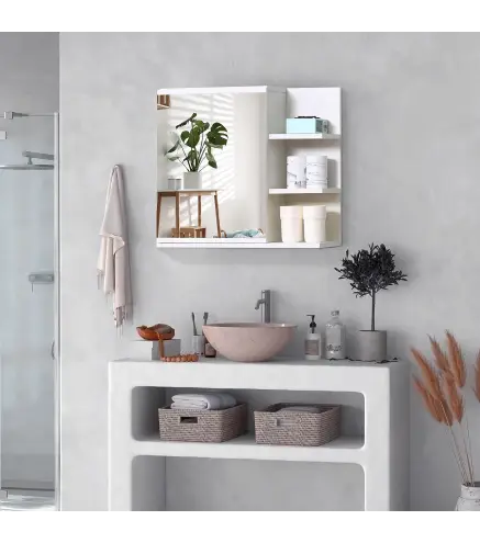 Armario con Espejo para Baño con 3 Estantes Abiertos y 1 Estante Interior Estilo Moderno 60x18x50 cm Blanco