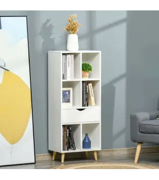 Estantería para Libros con 1 Cajón y Patas de Madera 6 Compartimentos Abiertos de Almacenaje 50x29,5x120 cm Blanco