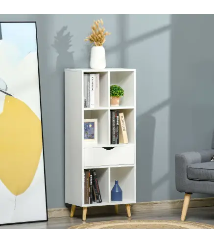 Estantería para Libros con 1 Cajón y Patas de Madera 6 Compartimentos Abiertos de Almacenaje 50x29,5x120 cm Blanco