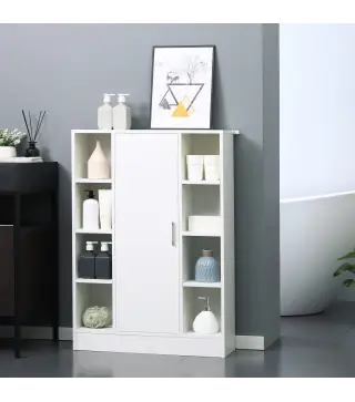 Armario de Suelo para Baño de Madera con 8 Compartimentos Abiertos y 1 Puerta con Estantes Ajustables Mueble Auxiliar Mu