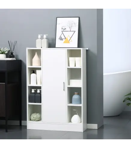 Armario de Suelo para Baño de Madera con 8 Compartimentos Abiertos y 1 Puerta con Estantes Ajustables Mueble Auxiliar Mu