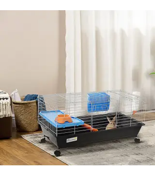 Jaula para Animales Pequeños, Jaula para Roedores con Ruedas, Botella de Agua, Comedero, Dispensador de Heno, Plataforma, Rampa,