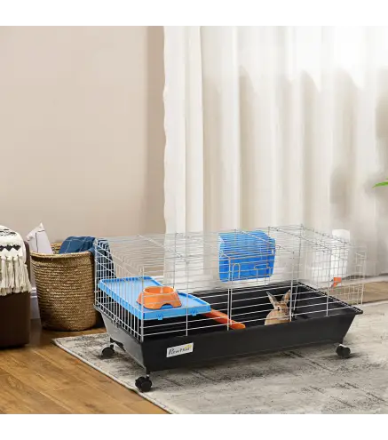 Jaula para Animales Pequeños, Jaula para Roedores con Ruedas, Botella de Agua, Comedero, Dispensador de Heno, Plataforma, Rampa,