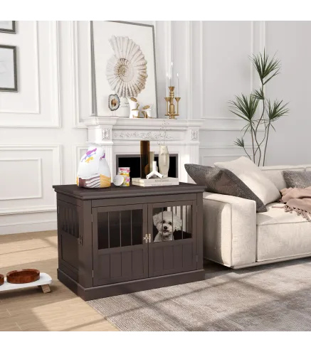 Jaula para Perros Pequeños Mesa Auxiliar Moderna con 3 Puertas Francés con Cierre Magnético 78x53x59,3 cm Café