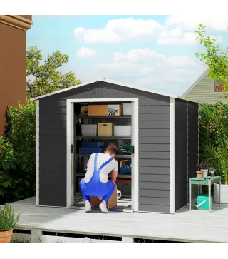 Cobertizo de Jardín Exterior 4,4 m² 240x206x198 cm con Base Puerta Corredera y Cerradura 4 Ventanas para Patio Gris