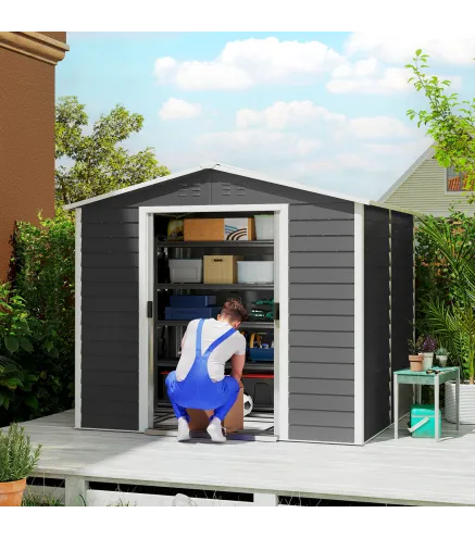 Cobertizo de Jardín Exterior 4,4 m² 240x206x198 cm con Base Puerta Corredera y Cerradura 4 Ventanas para Patio Gris