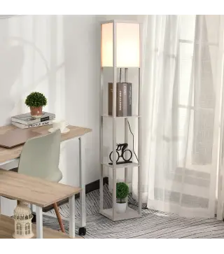 Lámpara de Pie con Estantes de Almacenaje, Lámpara de Madera Moderna, Bombilla E27, para Salón, Dormitorio, Oficina, Rob