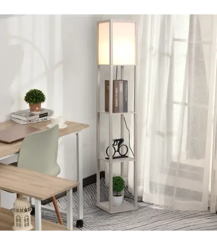 Lámpara de Pie con Estantes de Almacenaje, Lámpara de Madera Moderna, Bombilla E27, para Salón, Dormitorio, Oficina, Rob
