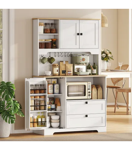 Alacena de Cocina con 3 Puertas 2 Cajones 3 Estantes en la Puerta 8 Ganchos Encimera Amplia Blanco