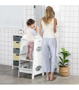 Torre de Aprendizaje para Niños con Pedal Altura Ajustable en 3 Posiciones y Barra de Seguridad 40x50x90 cm Gris