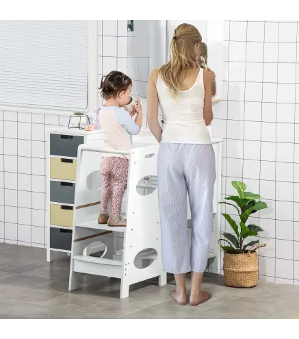 Torre de Aprendizaje para Ninos con Pedal Altura Ajustable en 3 Posiciones y Barra de Seguridad 40x50x90 cm Gris