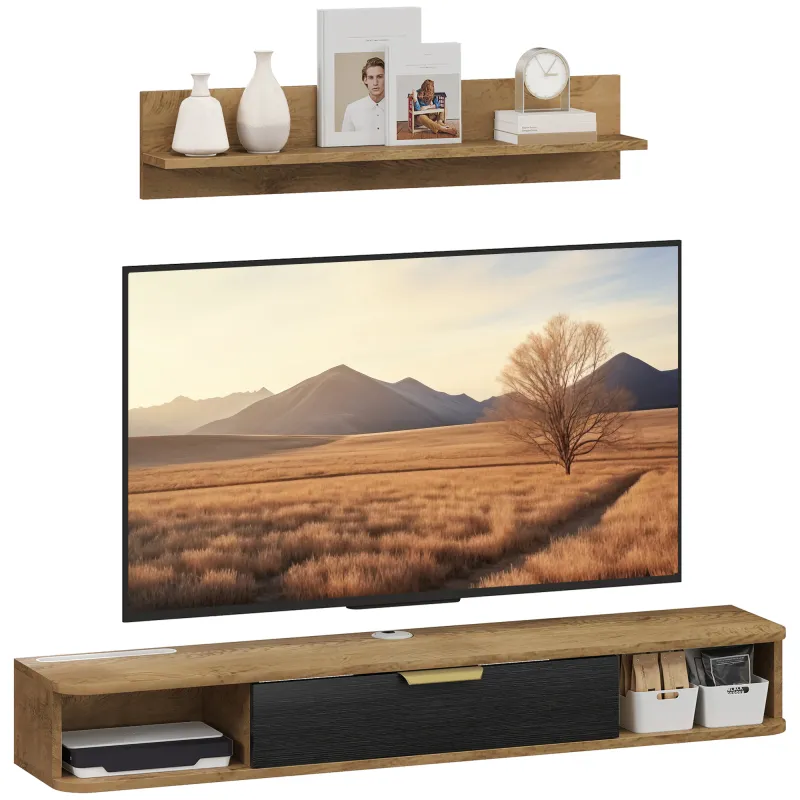 Conjunto de Muebles de Salón Muebles de TV con Estante de Pared Compartimentos Orificios para Cables 120x24x16 cm Roble