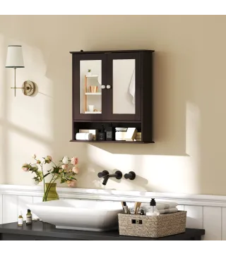 Armario de Baño con Espejo Armario de Pared con 2 Puertas Estante Abierto Estante Ajustable 56x13x58cm Marrón Oscuro