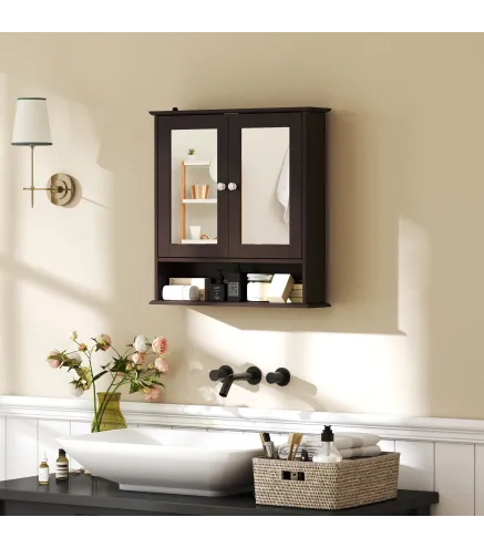 Armario de Baño con Espejo Armario de Pared con 2 Puertas Estante Abierto Estante Ajustable 56x13x58cm Marrón Oscuro