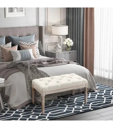 Banco Pie de Cama, Taburete Pie de Cama Tapizado en Lino Sintético con Patas de Madera y Asiento Acolchado, Estilo Vinta