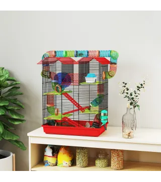 Jaula para Hámster de 5 Niveles 47x30x59 cm con Túnel Comedero Bebedero Casita Rueda de Ejercicio Escaleras Rojo