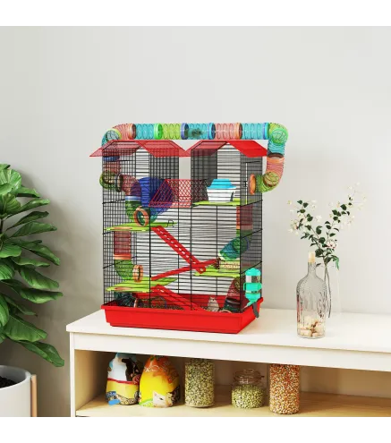 Jaula para Hámster de 5 Niveles 47x30x59 cm con Túnel Comedero Bebedero Casita Rueda de Ejercicio Escaleras Rojo