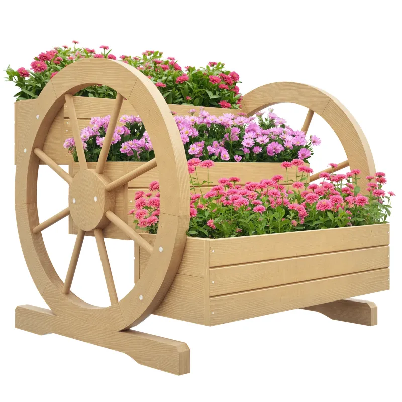 Jardinera de Madera Macetero Exterior de 3 Niveles Diseño de Escalera Orificios de Drenaje 61x62x57 cm Natural