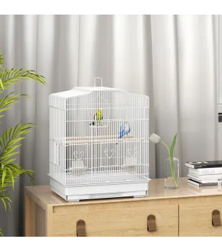 Jaula para Pájaros Pajarera de Acero con 2 Comederos 2 Perchas Columpio y Bandeja Extraíble Asa 46,5x36x59 cm Blanco