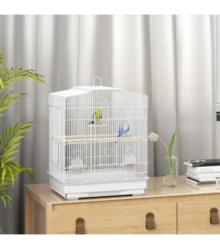 Jaula para Pájaros Pajarera de Acero con 2 Comederos 2 Perchas Columpio y Bandeja Extraíble Asa 46,5x36x59 cm Blanco