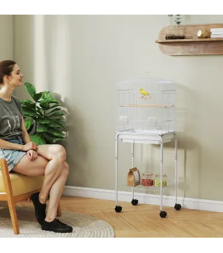 Jaula para Pájaros con Ruedas Estante Puertas 2 Comederos 2 Perchas Columpio Bandeja Extraíble 46,5x36x124 cm Blanco