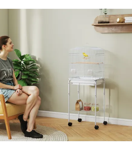 Jaula para Pájaros con Ruedas Estante Puertas 2 Comederos 2 Perchas Columpio Bandeja Extraíble 46,5x36x124 cm Blanco