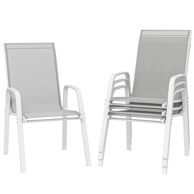 Set de 4 Sillas de Exterior Apilables con Asiento de Textilene para Jardín Terraza 54x75,5x95 cm Gris Claro