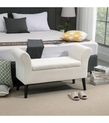 Banco de Almacenamiento con Tapa Abatible Reposabrazos y Patas de Madera para Salón 111,5x41x65 cm Crema