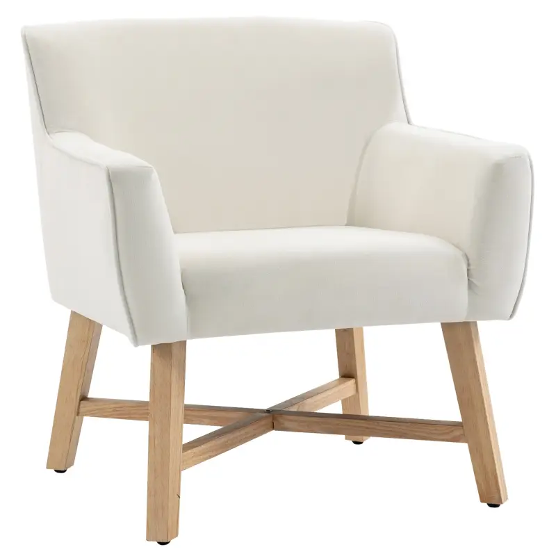 Butaca de Salón Tapizada en Terciopelo con Reposabrazos Acolchados y Patas de Madera Cruzadas 67x65x74 cm Blanco Crema