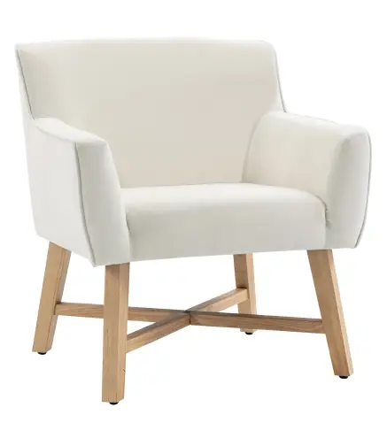 Butaca de Salón Tapizada en Terciopelo con Reposabrazos Acolchados y Patas de Madera Cruzadas 67x65x74 cm Blanco Crema