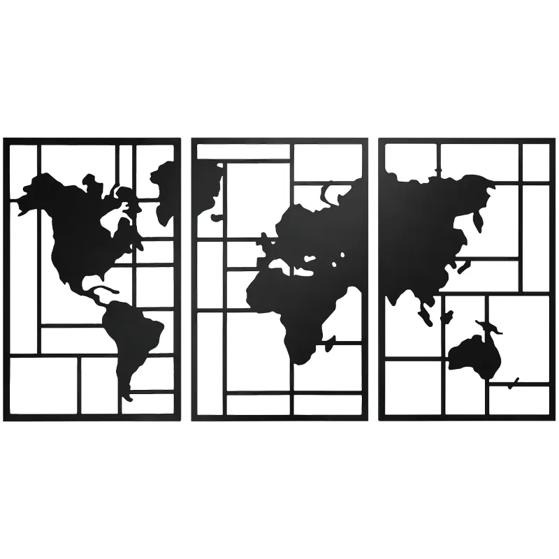Decoración de Metal para Pared de Mapa Mundial de 3 Piezas para Salón Dormitorio Pasillo Negro