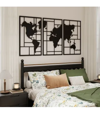 Decoración de Metal para Pared de Mapa Mundial de 3 Piezas para Salón Dormitorio Pasillo Negro