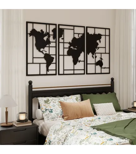 Decoración de Metal para Pared de Mapa Mundial de 3 Piezas para Salón Dormitorio Pasillo Negro