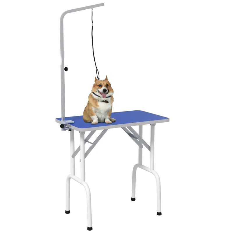 Mesa de Peluquería Canina Plegable con Encimera Antideslizante Brazo Ajustable 81x48,5x80 cm, Azul Mesa de Peluquería Canina Plegable con Encimera Antideslizante Brazo Ajustable 81x48,5x80 cm, Azul