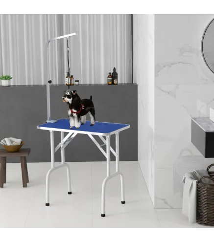 Mesa de Peluquería Canina Plegable con Encimera Antideslizante Brazo Ajustable 81x48,5x80 cm, Azul