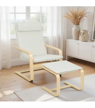 Sillón con Reposapiés Sillón Lectura con Respaldo Alto Reposacabezas Extraíble Patas de Madera y Tapizado en Lino Crema